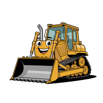 Happy cartoon bulldozer working on a construction site during the day with bright colors and a cheerful expression