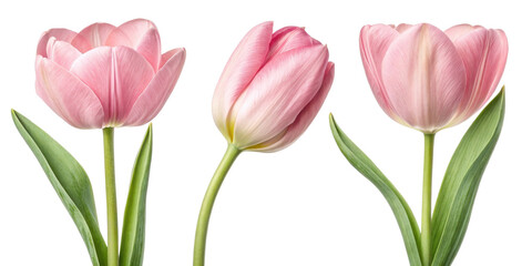 Naklejka premium Beautiful tulip flowers in soft pink hues showcase their delicate petals and vibrant green leaves, creating serene and elegant display