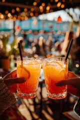 Two friends are holding cocktails, toasting at a rooftop bar with a lively atmosphere in the background