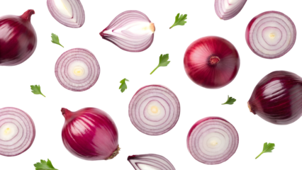 red onions whole halved and diced on a white background isolated on white background 84447388 1