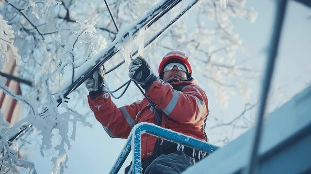 Electric worker repairs power lines during winter ice storm in urban area
