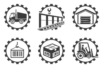 Industry and logistics icons featuring transport and warehouse elements