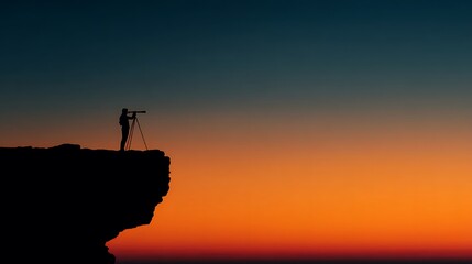 Silhouette of a lone explorer standing on a cliff edge using a telescope to observe the vast horizon during a vibrant sunset