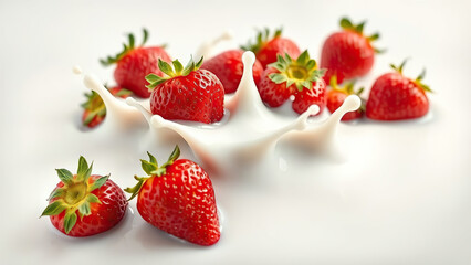 Fresh strawberries splashing into creamy milk, creating dynamic and appetizing scene