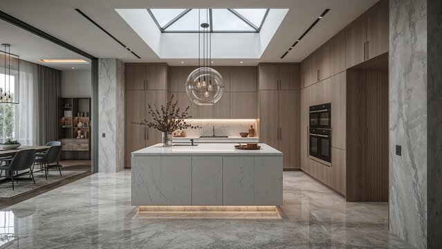 Modern kitchen with an open-plan dining area.
