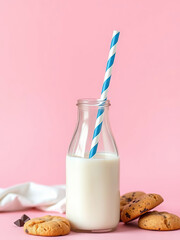Glass bottle of milk with blue striped straw, surrounded by chocolate chip cookies on pink background