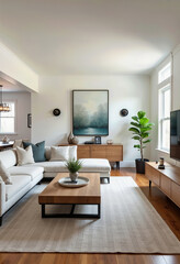 Fototapeta premium Create a harmonious living environment with a beautiful landscape painting, soft upholstered sofas, and lush houseplants that turn your space into a perfect haven for morning coffee or peaceful evenin