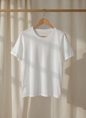 A white short-sleeved t-shirt is presented on a wooden hanger, off-white textile. Its simplicity and classic design for various creative applications and marketing needs.