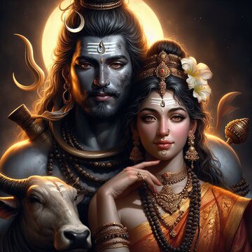 Depiction of Shiva and Parvati seated with Nandi, representing divine grace, serenity, power, and their harmonious union in cosmic balance.