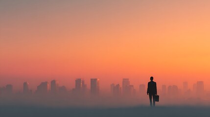 Fototapeta premium Lone businessman in silhouette holding briefcase gazes at distant city skyline shrouded in morning fog during sunrise