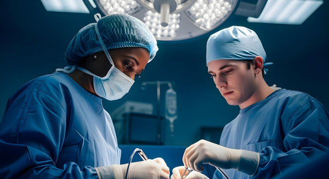 Over-the-shoulder view of a diverse surgical team focused on a complex procedure in a brightly lit operating room, the lead surgeon, a middle-aged African American woman, intensely focused