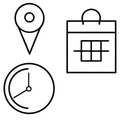 Set of three simple outline icons representing location time and calendar events