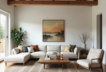 Discover a serene living space featuring elegant landscape artwork, cozy beige sofas, and minimalist decor that transforms your home into a tranquil retreat for relaxation and family gatherings.