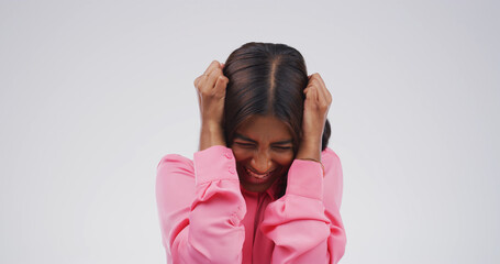 Woman, frustrated and burnout with stress, crisis and isolated on white background with anxiety....