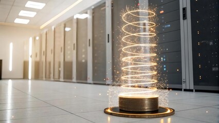 Futuristic Digital Data Center with Glowing Energy Spiral Effect