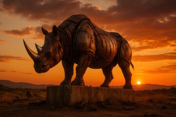 Fototapeta premium Imposing metal rhino sculpture standing during sunset in african savanna
