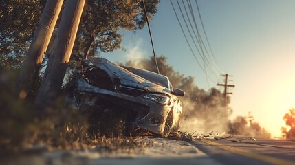 Damaged car crashed into wooden utility poles on the side of a road with smoke and debris during sunset