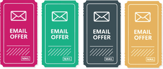 Four colorful tickets with Email Offer message on white background