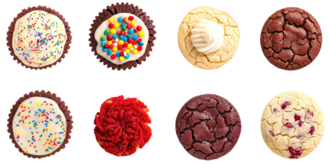 PNG. A collection of cookies, each with its own unique color and texture, arranged in a grid on a white background.
