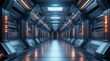 Fototapeta premium Futuristic Metallic Corridor with Glowing Lights and Sci-Fi Atmosphere