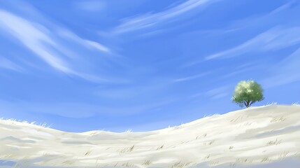 Digital illustration, digital painting of minimal desert with single acacia tree standing in wide sandy expanse, clean lines and subtle textures, vivid blue sky with no clouds, warm natural