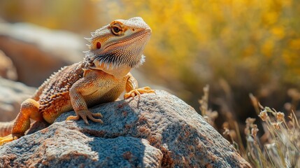 Obraz premium Colorful Bearded Dragon Sunbathing on a Rocky Surface in Nature