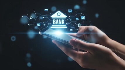 Person using a smartphone with a glowing bank icon and network connections - Powered by Adobe