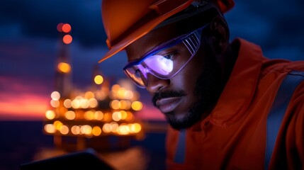 Close up of an oil rig worker in safety gear checking systems on a tablet with the towering rig and vast ocean stretching out behind. A maritime technician diligently monitors platform