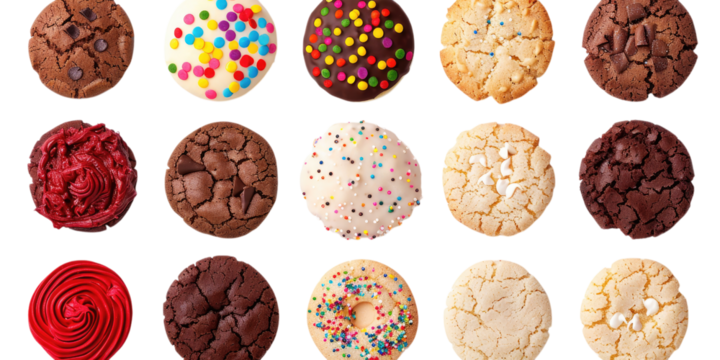 PNG. A collection of cookies, each with its own unique color and texture, arranged in a grid on a white background.