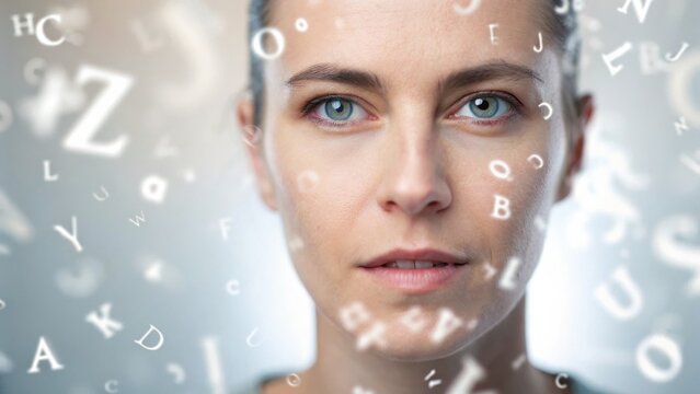 neuroplasticity A woman surrounded by floating letters, conveying themes of communication and thought.
