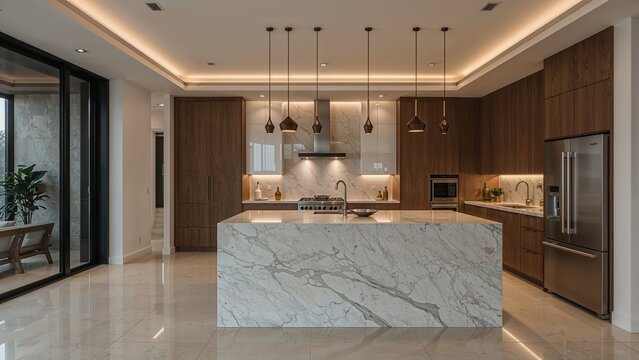 Modern kitchen with a large marble island.
