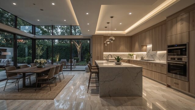 Open-concept kitchen and dining area with large windows.