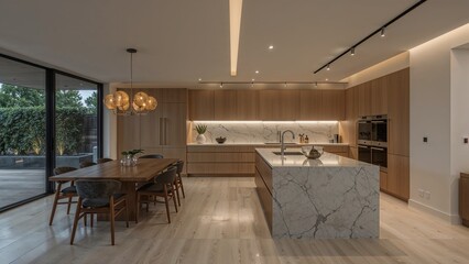 Modern open-plan kitchen and dining area with light wood cabinetry and a marble island.