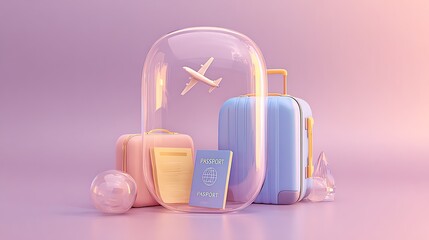 A pastel pink and blue suitcase with a passport and airplane inside a protective transparent dome on a soft purple background