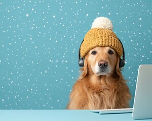A golden retriever wearing a hat and headphones, sitting by a computer in winter.