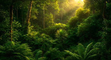 Obraz premium Lush tropical rainforest with vibrant green foliage and sunlight filtering through dense canopy – photorealistic nature scene with rich details, perfect for eco, travel, and environmental themes