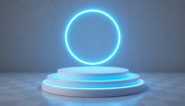 Illuminated circular neon light behind a three tiered white platform in a studio setting