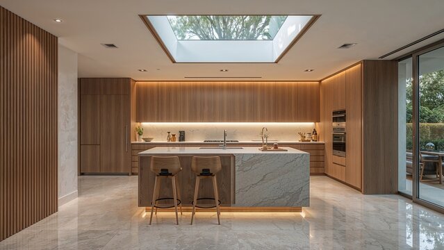 Modern kitchen with light-toned wood cabinetry and a central island.