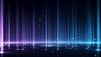Vertical light beams in purple and blue gradient with sparkling particles on a dark reflective surface - Powered by Adobe