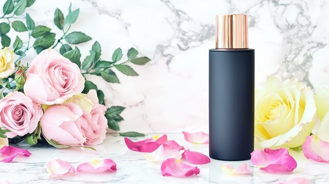 A sleek black hair serum bottle resting on a marble countertop, complemented by rose gold accents and fresh rose petals, exuding sophistication and texture