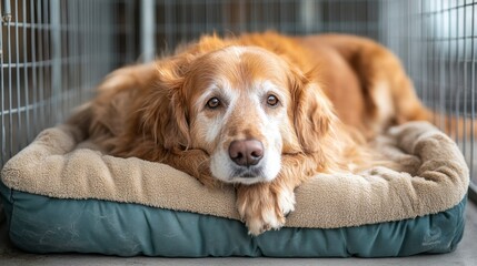 Golden Retriever Relaxing on Comfortable Dog Bed in Shelter Setting