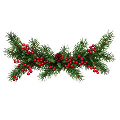 Christmas garland with red berries and green fir branches, isolated on a white background
