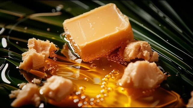 Palm oil shea butter. A block of yellow wax on a green leaf with small wax pieces around it.	
