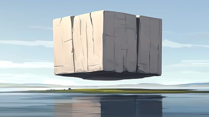 Bright sky island scene with natural cliffs and green vegetation, vibrant atmosphere and soft blue sky surrounding the hovering rock mass, digital illustration, digital painting
