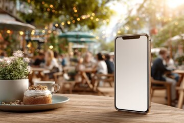 Elegant Outdoor Cafe Scene with Smartphone Displaying a Blank Screen and Delicious Pastry
