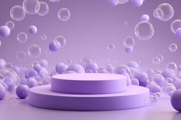 3D Render of Purple Podium with Purple Bubbles