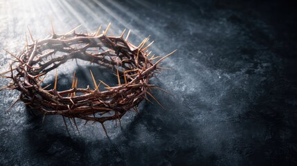 Fototapeta premium A symbolic crown of thorns resting on a dark surface, representing Christian sacrifice and devotion.
