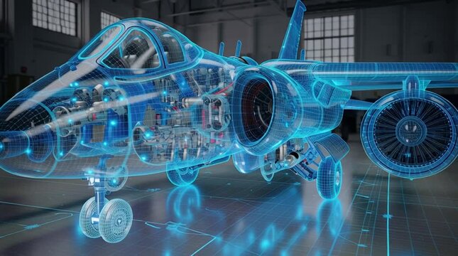 Detailed 3d model of a jet aircraft engine and structure.