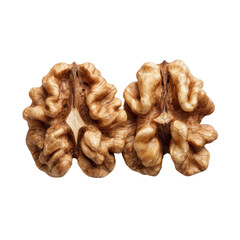 Two halves of a walnut kernel showcasing its intricate texture and natural healthy food details closeup