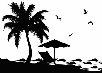 Relaxing Beach Scene Silhouette  Palm Tree and Umbrella